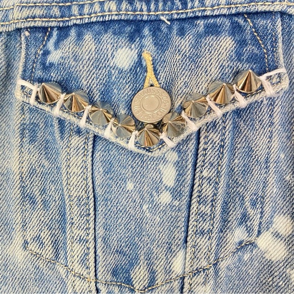Levis Jean Jacket Womens Medium Large Cropped Upcycled Distressed Blue Handmade - Picture 4 of 16